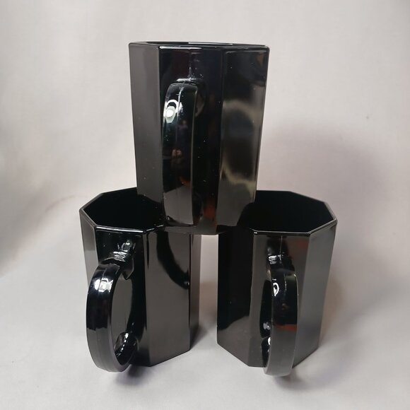 3 Arcoroc Octime Black Glass Octagon Coffee Mugs Tea Cups Vintage MCM France - Picture 11 of 16